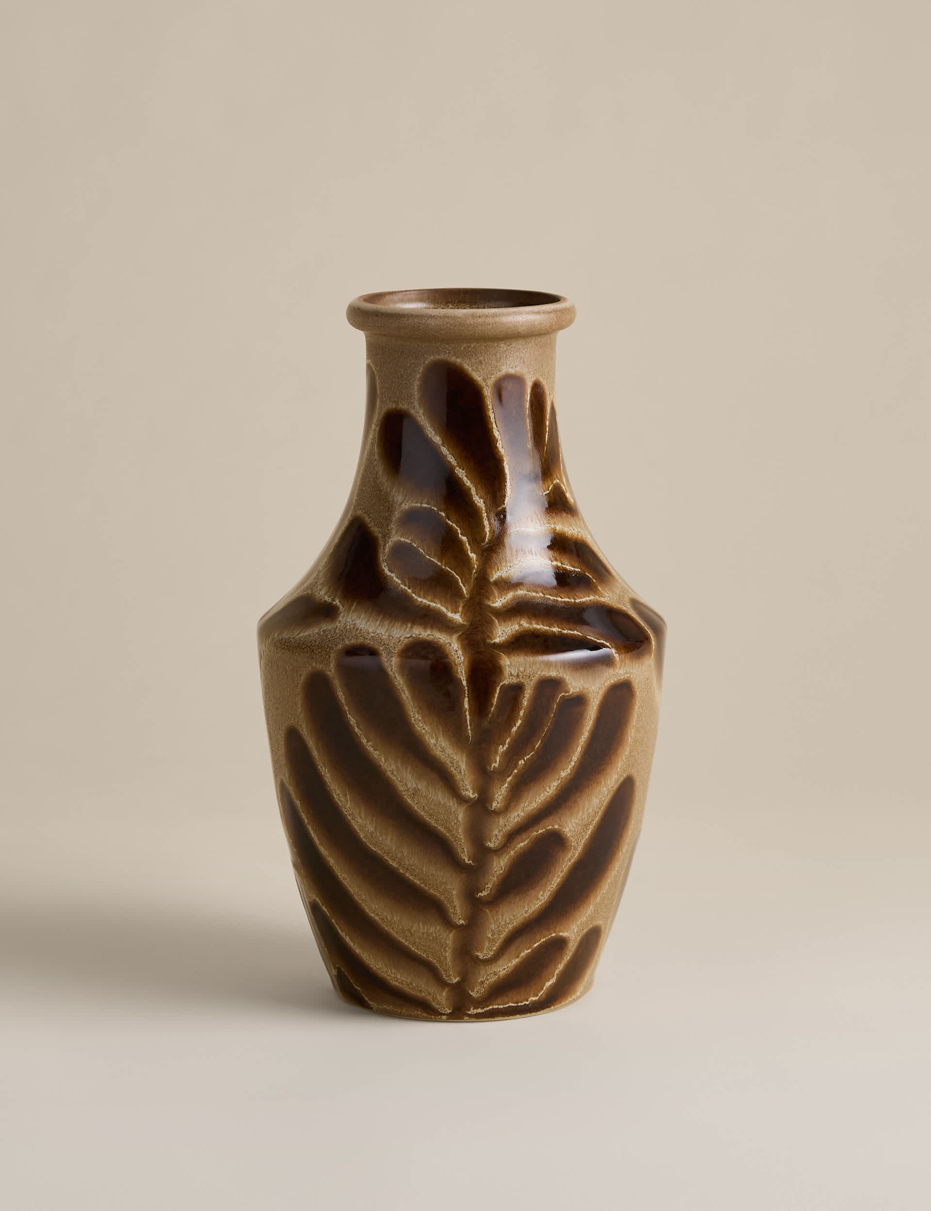 Ceramic vase with leaf detailing and reactive glaze, UK version