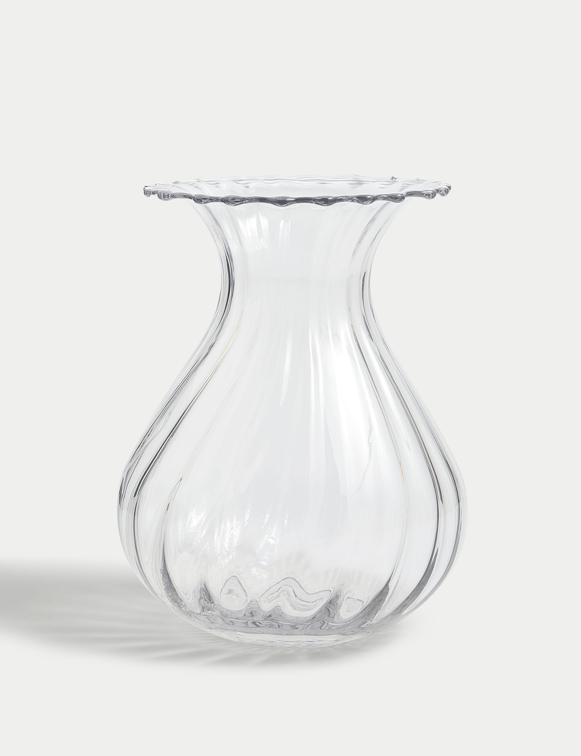 Fluted glass vase with wavy rim 25cm height - British product
