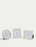 Set of three silver photo frames with square, rectangular, and circular shapes (British brand)