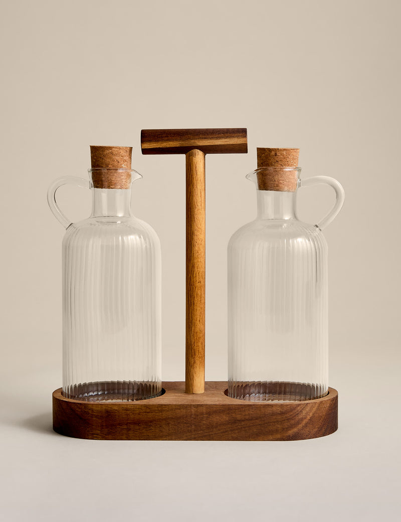 Glass oil pourers set of two with acacia wood caddy (British brand)