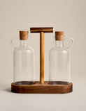 Glass oil pourers set of two with acacia wood caddy (British brand)