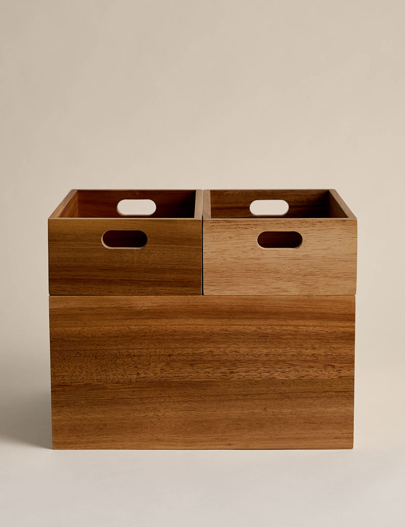Wooden stacking boxes set of three for kitchen storage (British brand)