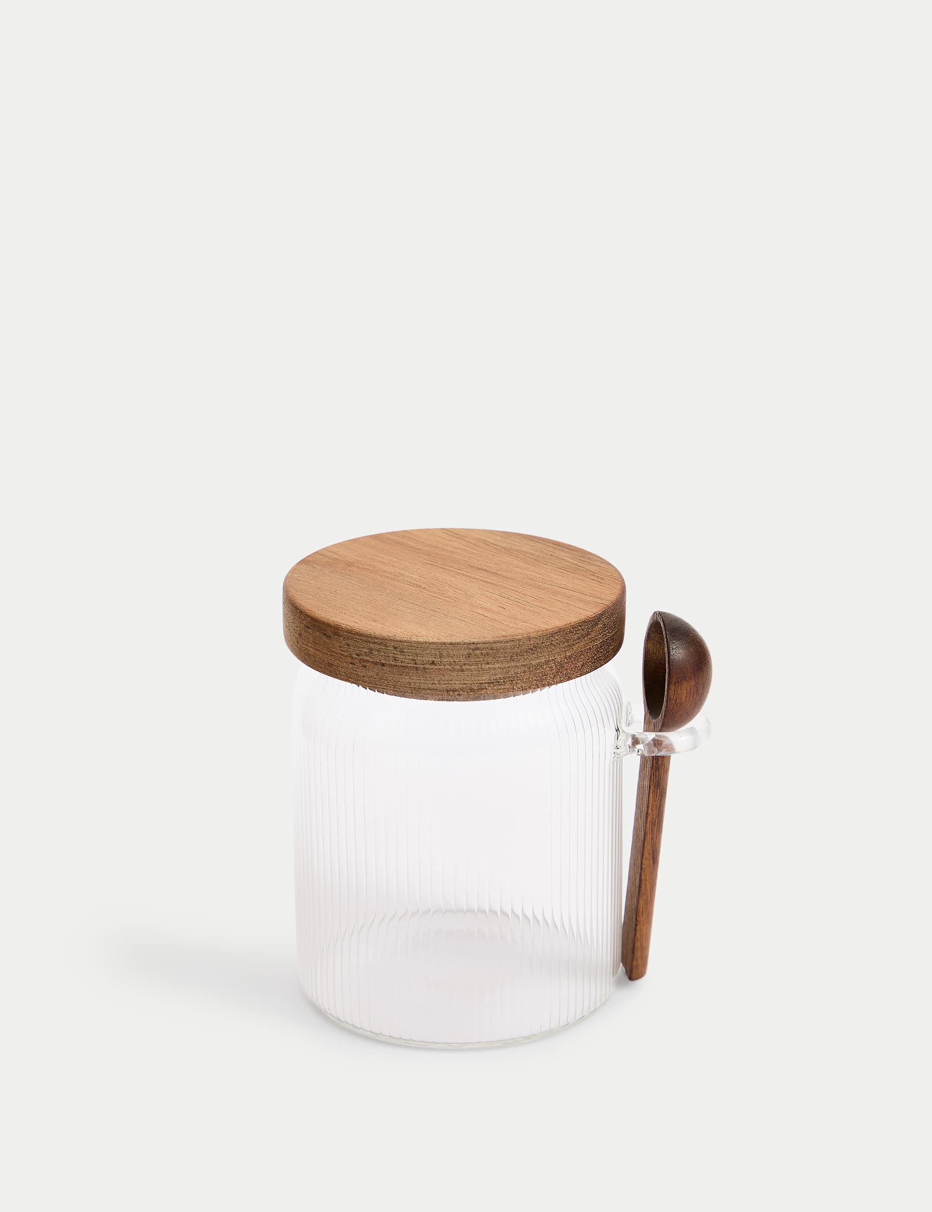Ribbed glass sugar pot with wooden lid and teaspoon, imported from the UK