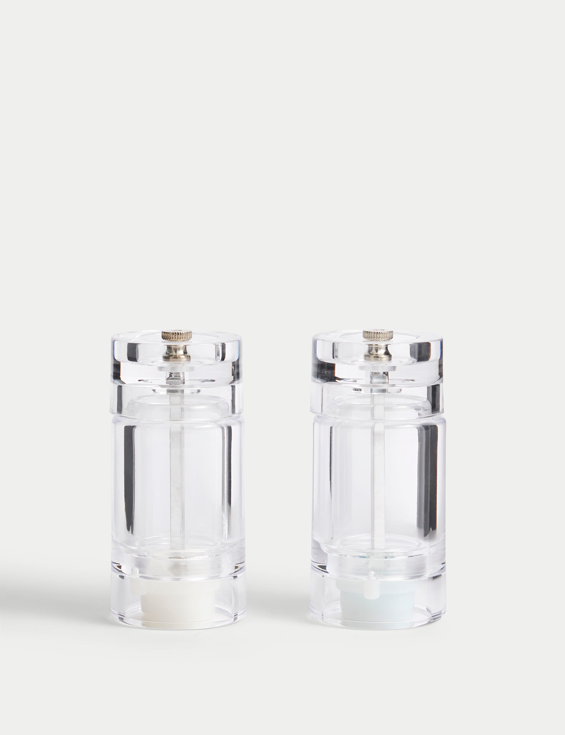 Clear plastic salt and pepper mills (British brand)