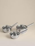 Three piece stainless steel pan set with lids, UK version