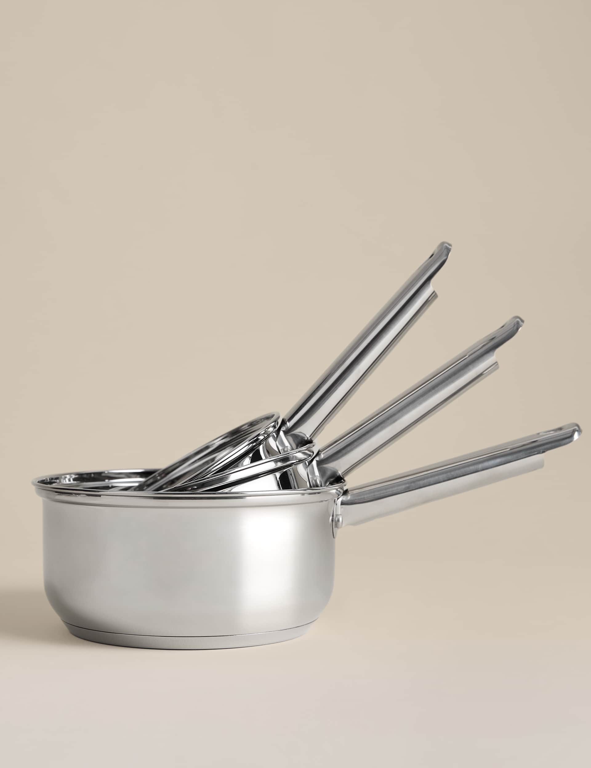 Three piece stainless steel pan set with lids, UK version