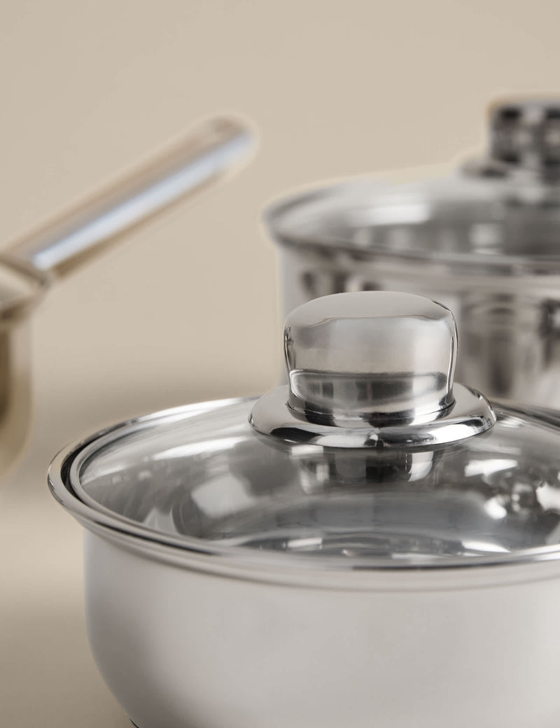 Three piece stainless steel pan set with lids, UK version