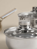 Three piece stainless steel pan set with lids, UK version