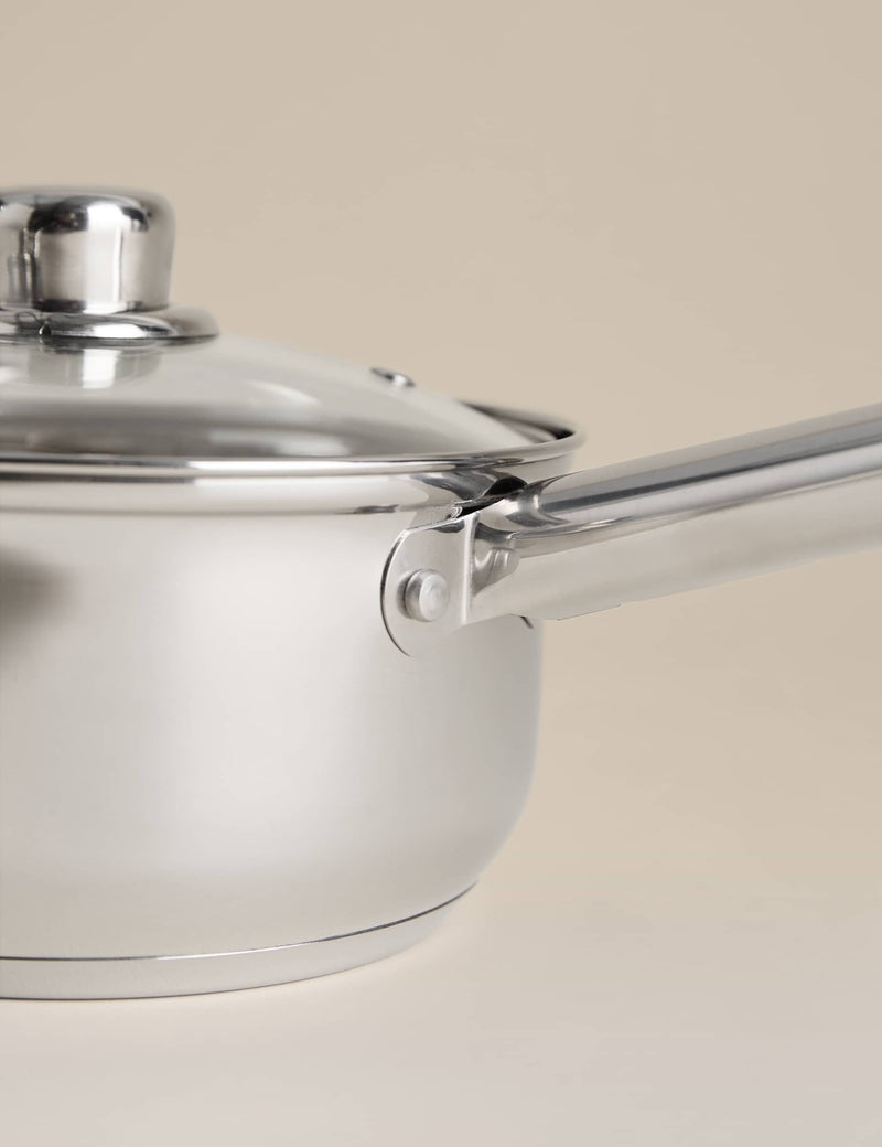 Three piece stainless steel pan set with lids, UK version