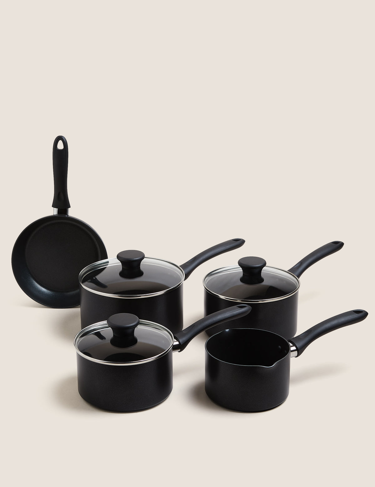 5 piece black aluminium non stick pan set, imported from the UK