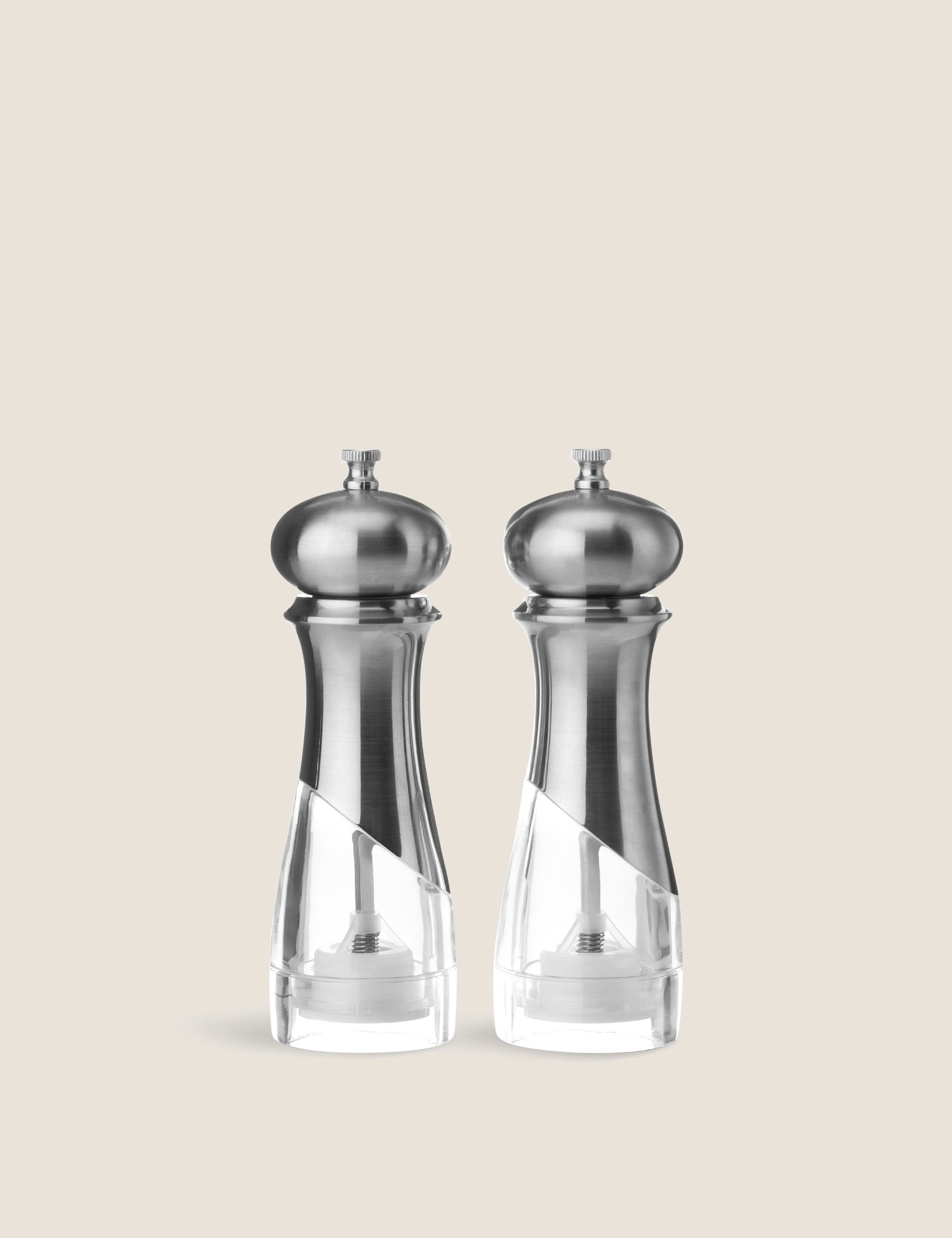 New York salt and pepper mills durable plastic clear base, UK version