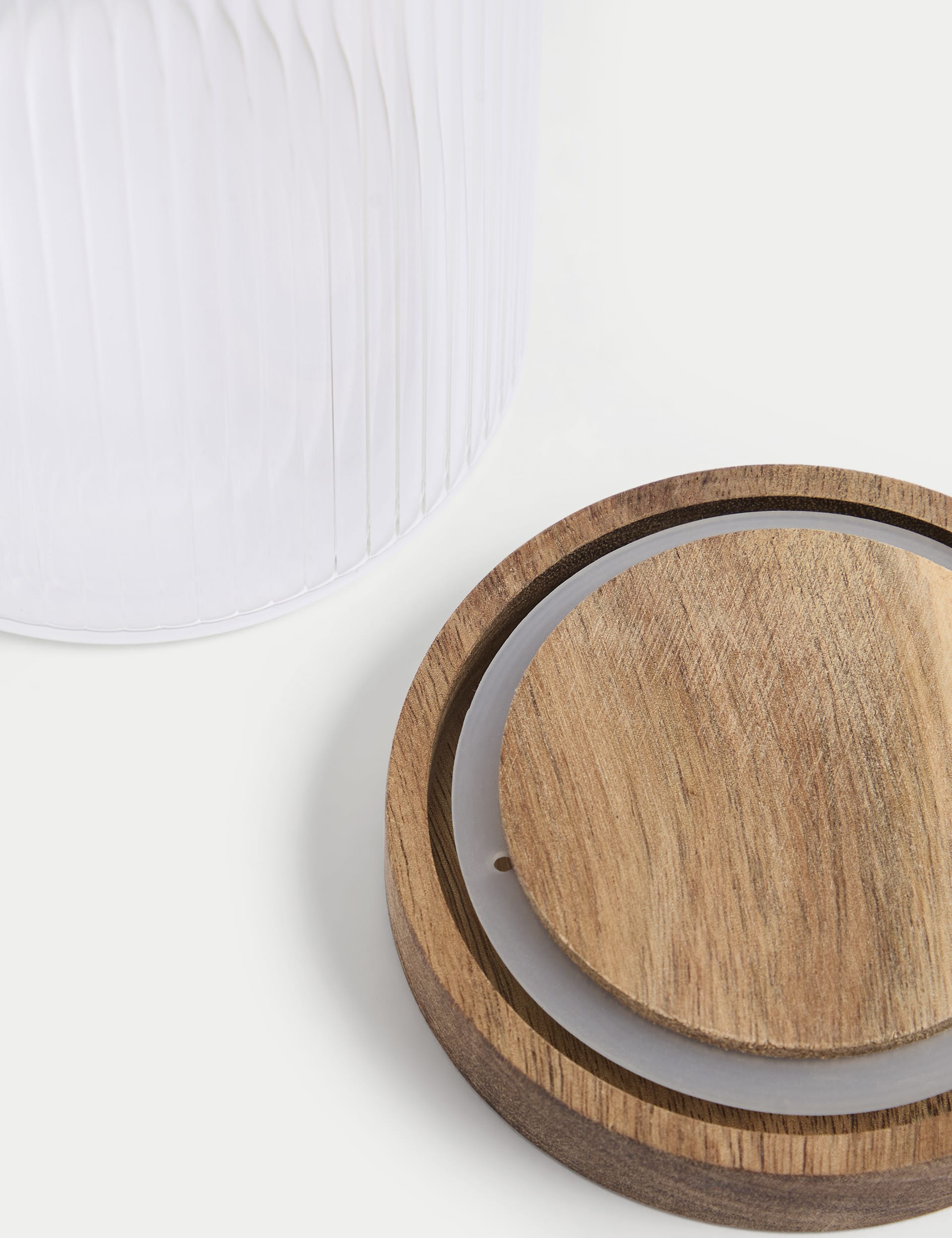 Medium ribbed glass storage jar with wooden lid, 16cm tall, imported from the UK