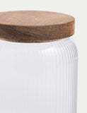Medium ribbed glass storage jar with wooden lid, 16cm tall, imported from the UK