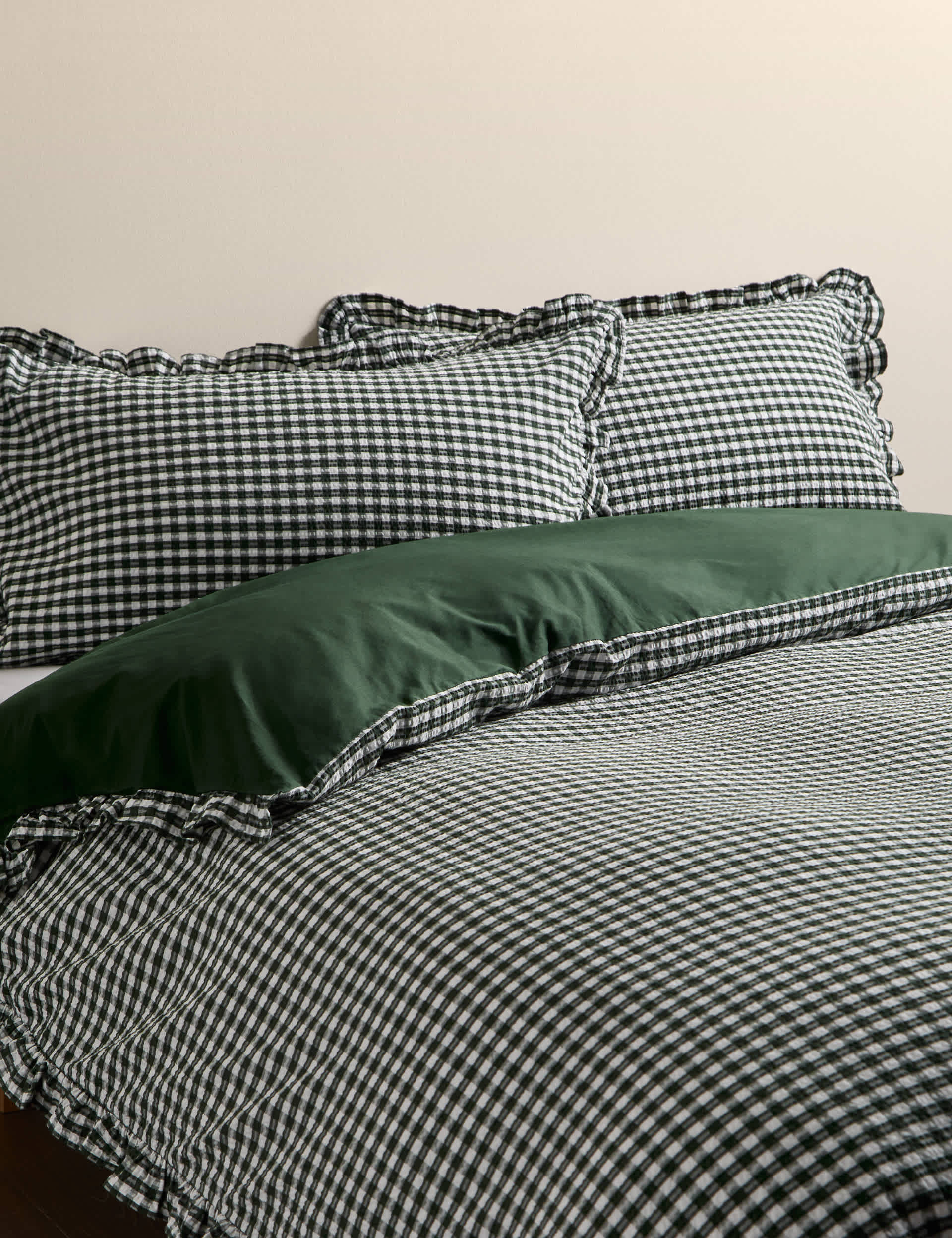 Pure cotton gingham ruffle bedding set single, imported from the UK