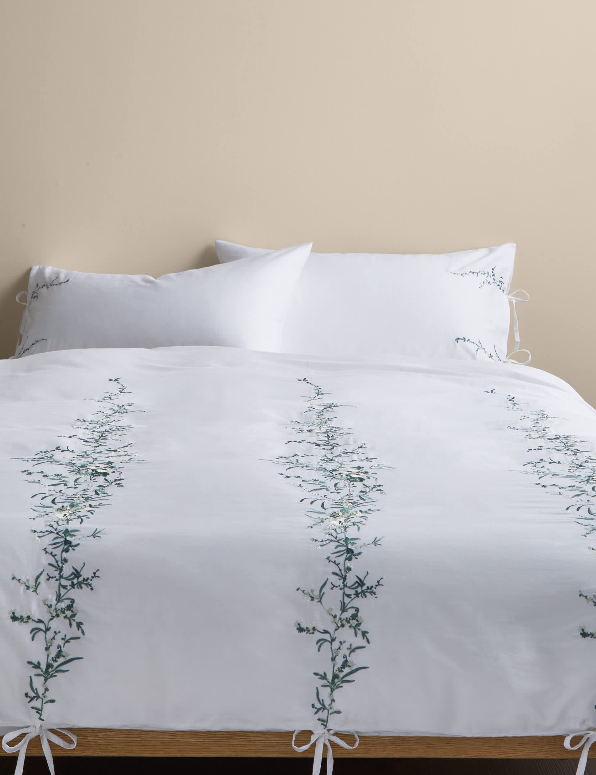 Embroidered blossom pure cotton bedding set with tie fastenings, imported from the UK