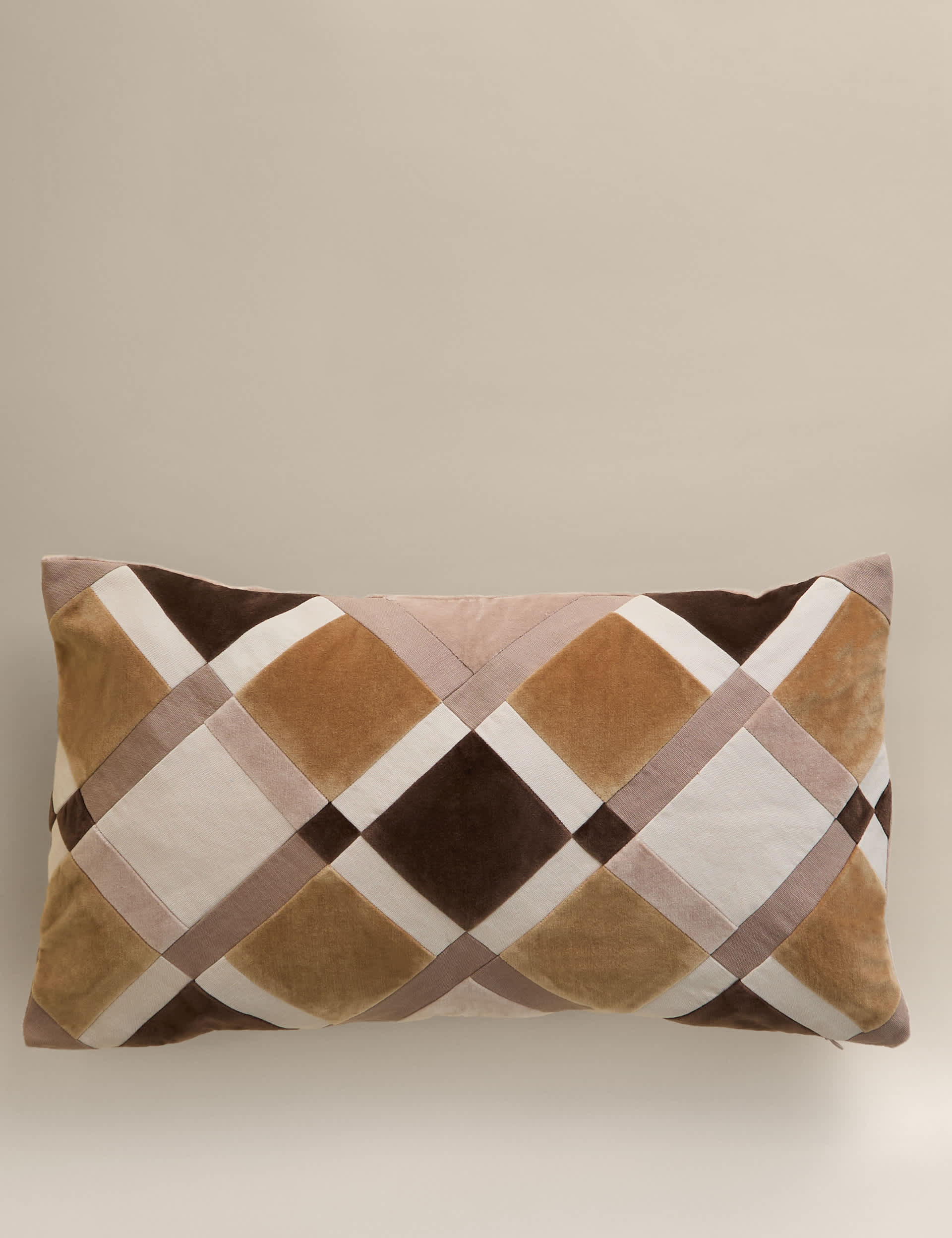 Velvet geometric patchwork bolster cushion 60cm, imported from the UK