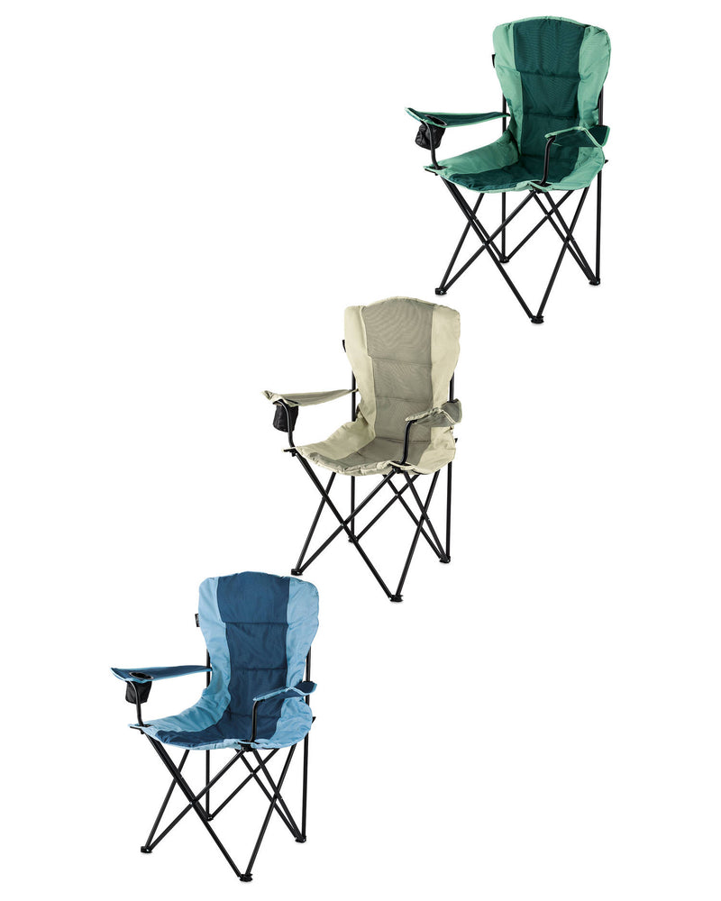 Padded camping chair with cup holder, imported from the UK