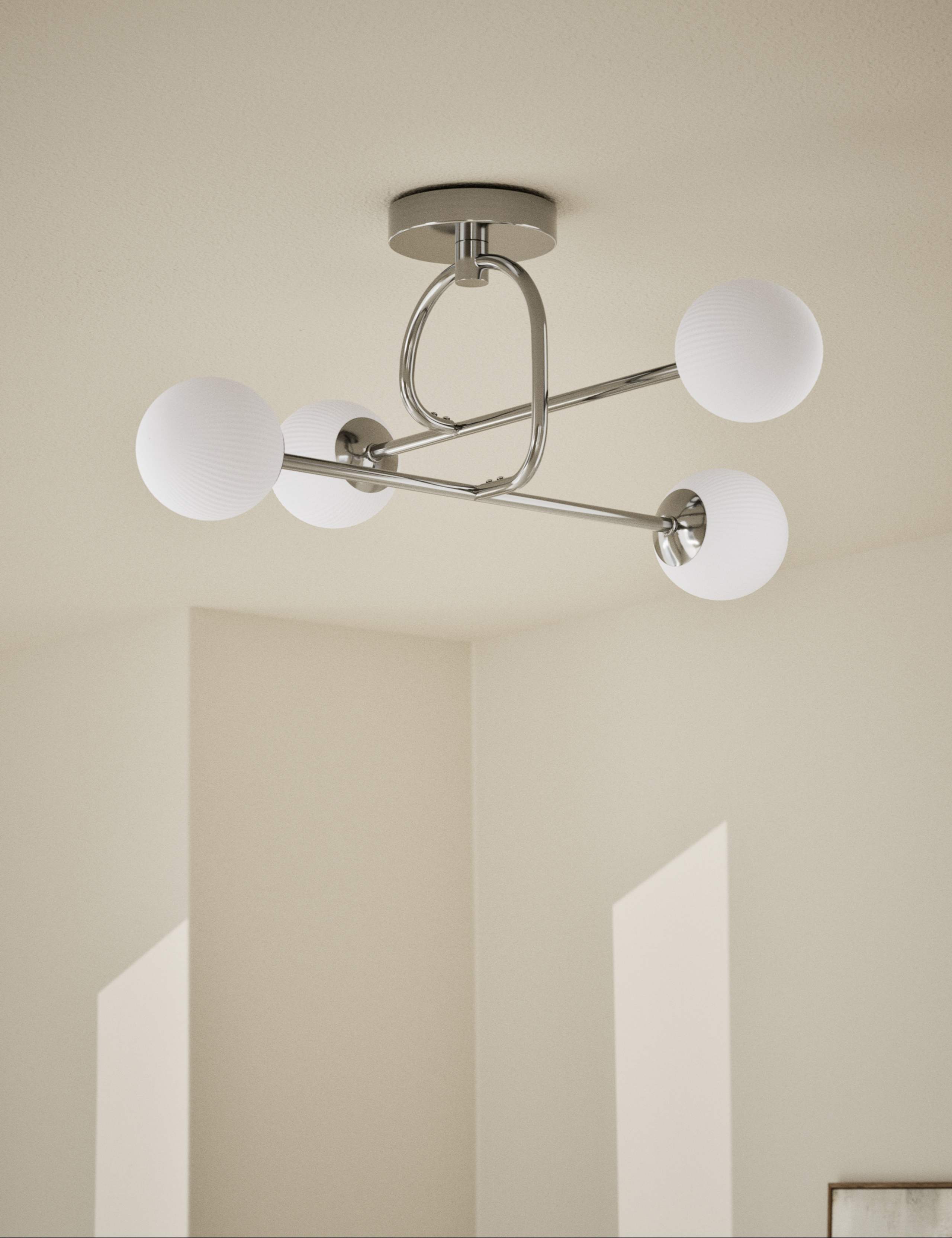 Parker flush ceiling light with metal frame and glass shades, imported from the UK