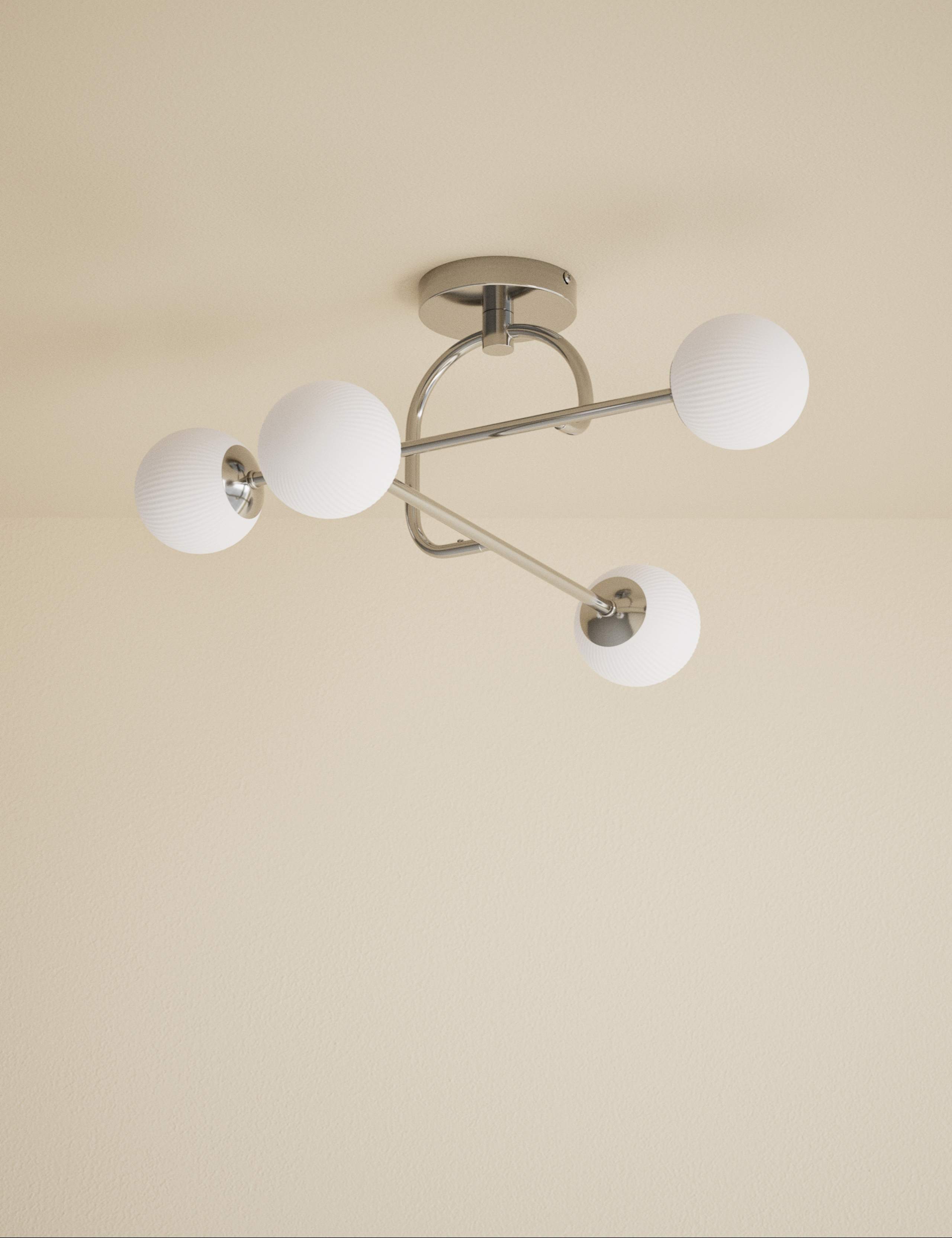 Parker flush ceiling light with metal frame and glass shades, imported from the UK
