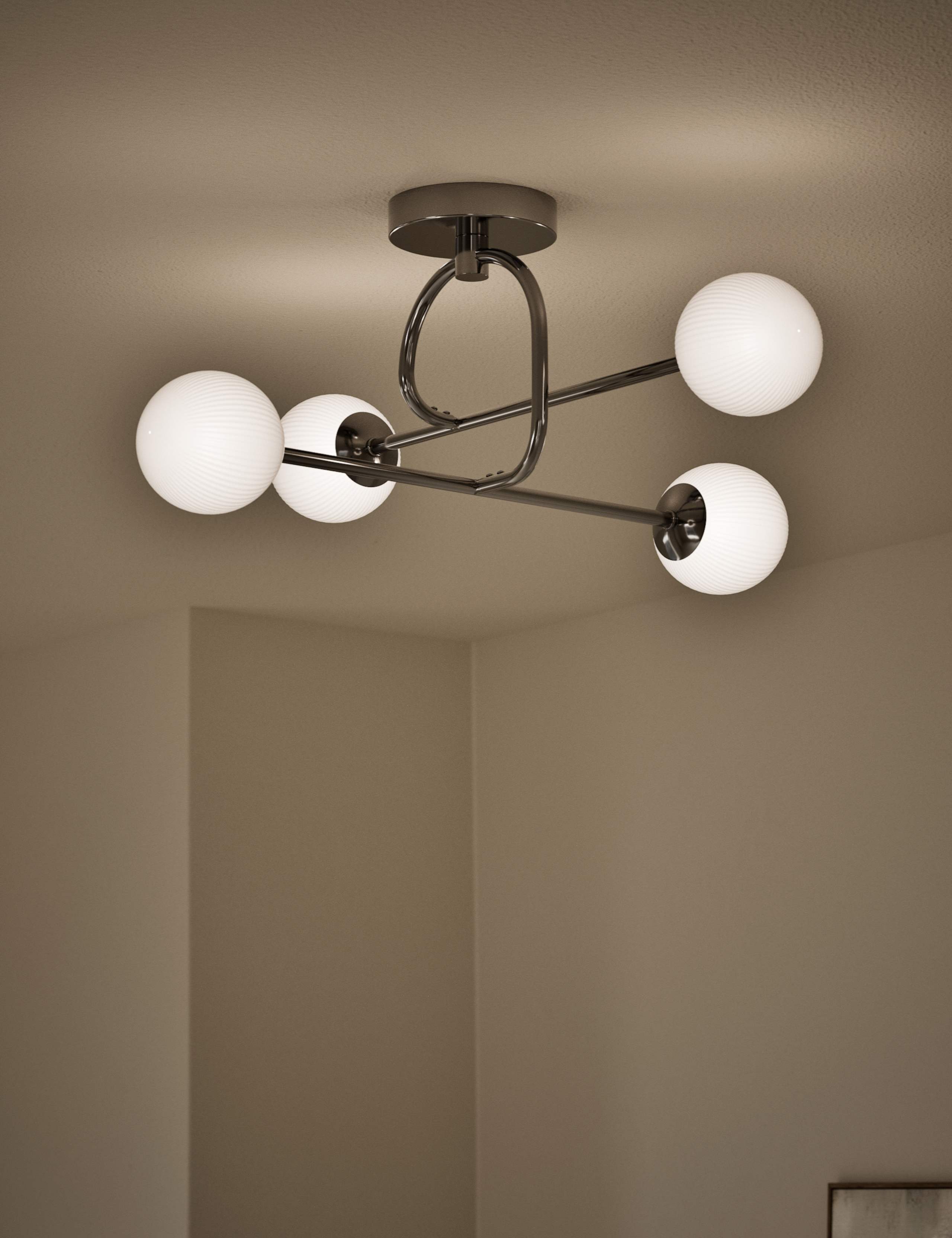Parker flush ceiling light with metal frame and glass shades, imported from the UK