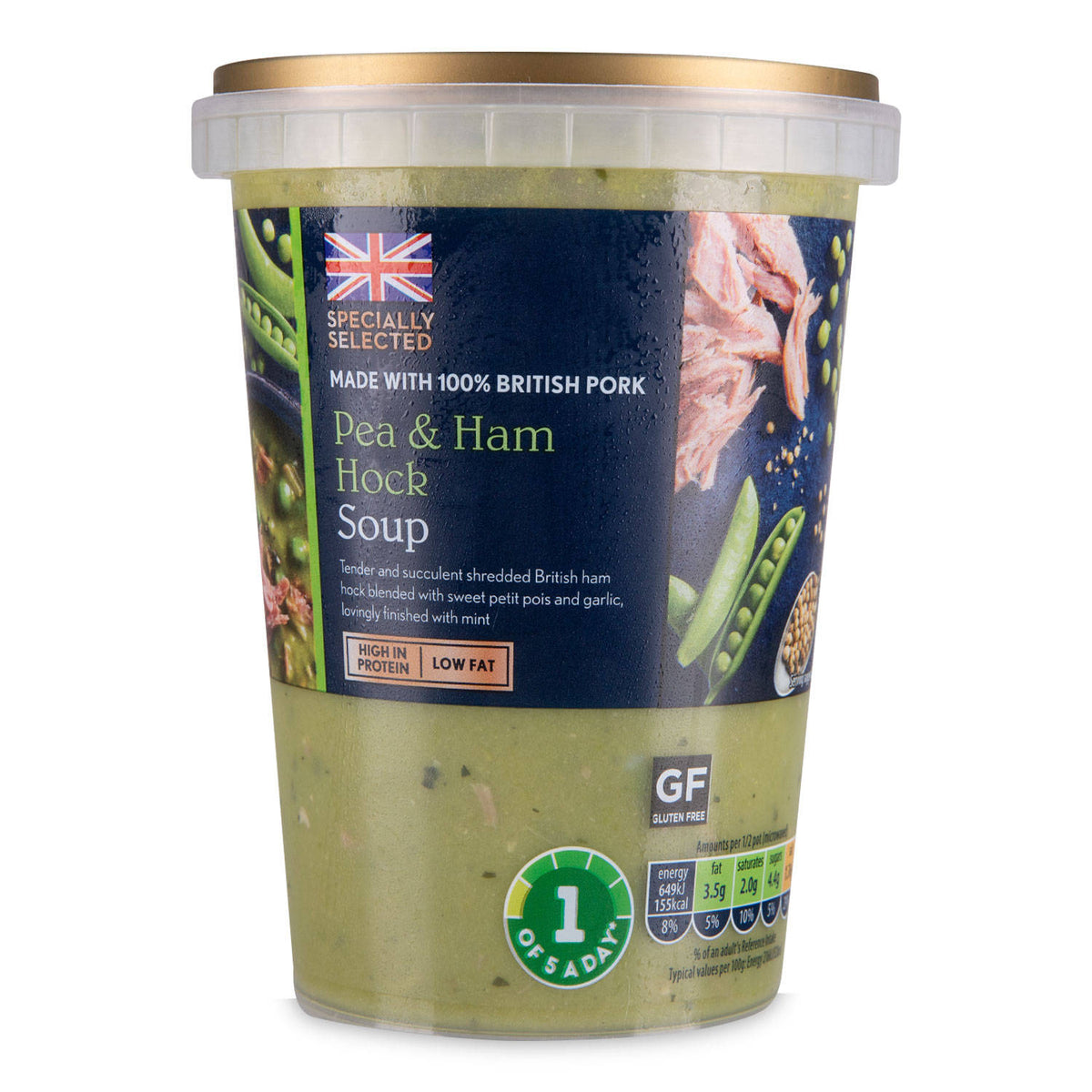 Chilled pea and ham hock soup with mint (British brand)