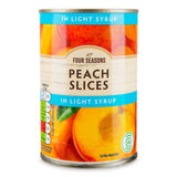 Tinned peach slices in light syrup for desserts (British brand)