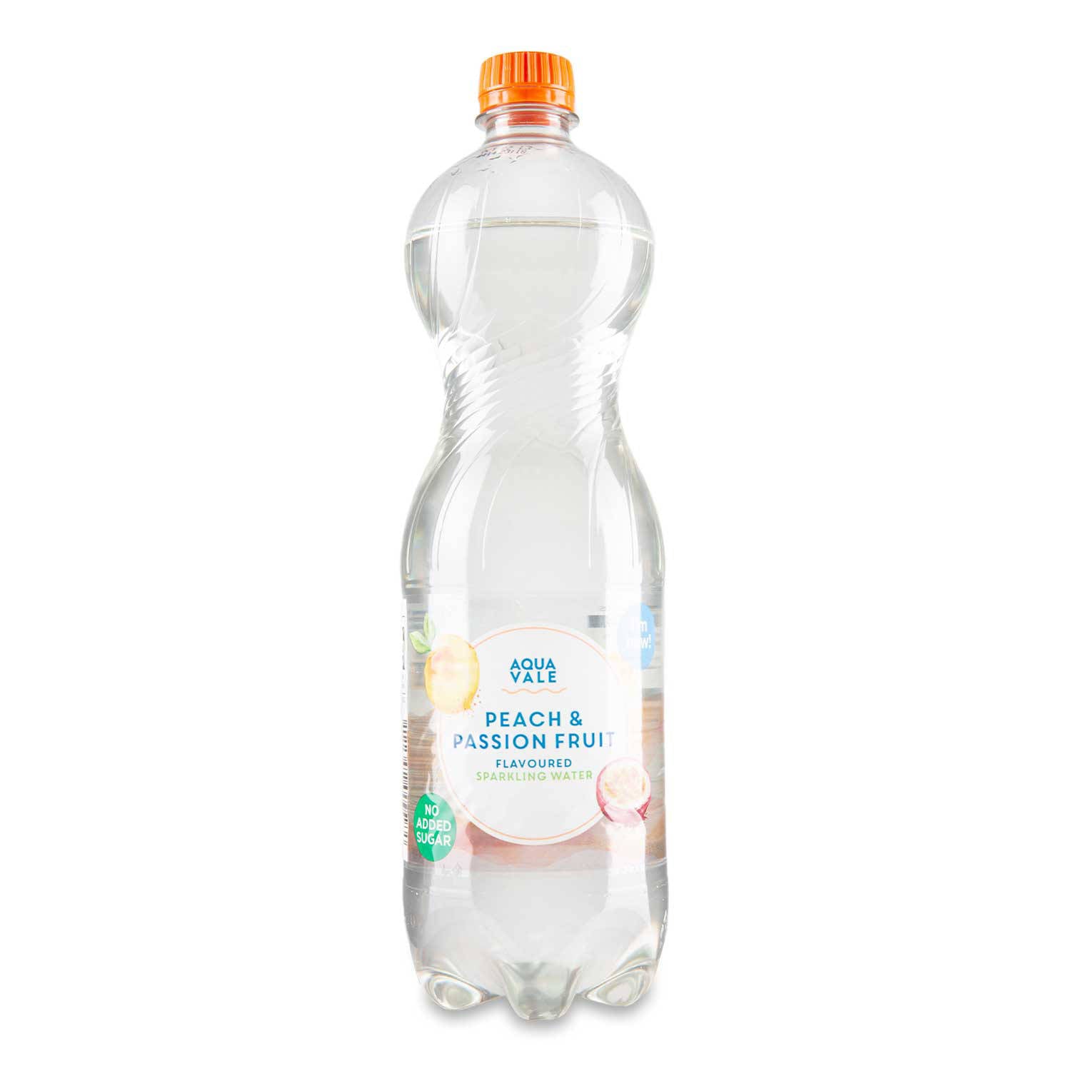 Peach and passion fruit sparkling water, imported from the UK
