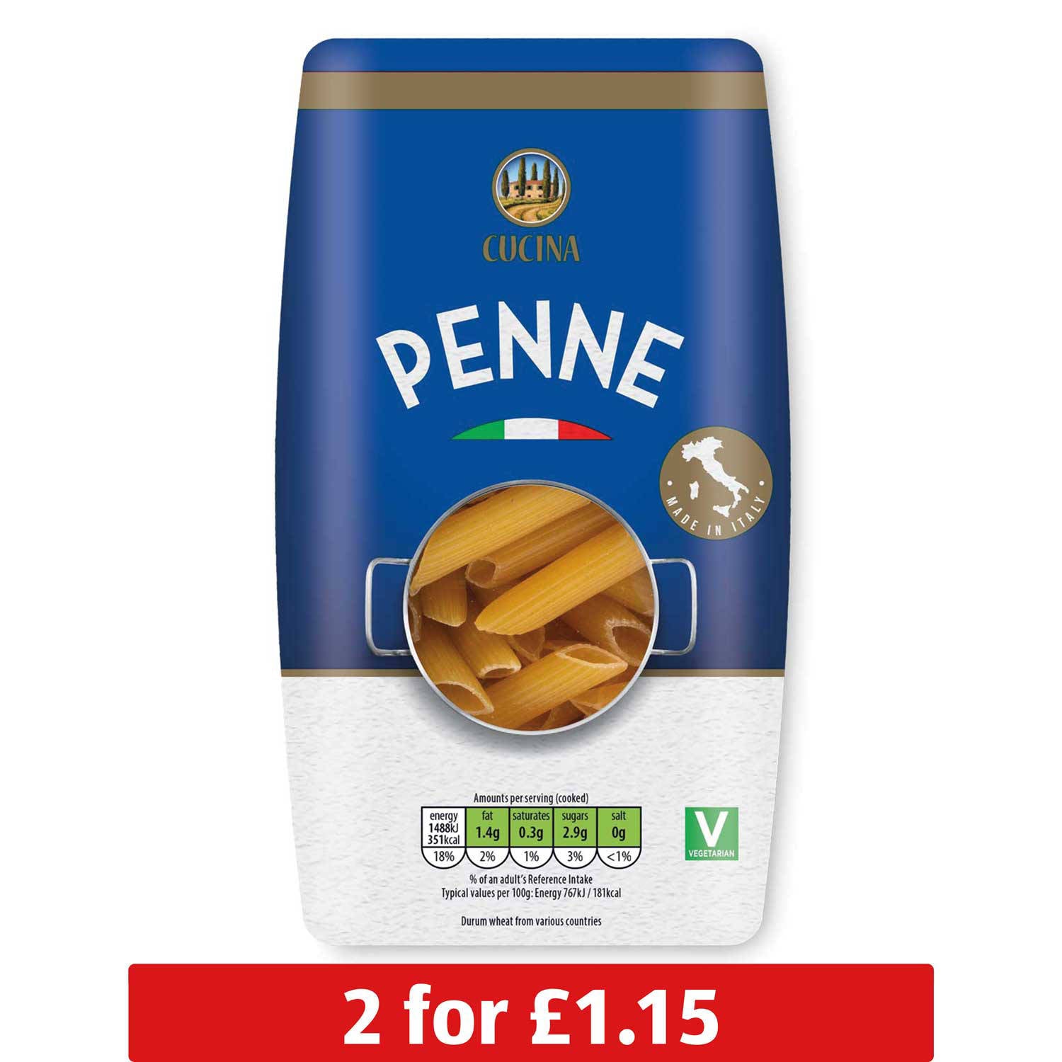 Penne pasta 500g from classic Italian recipe, imported from the UK