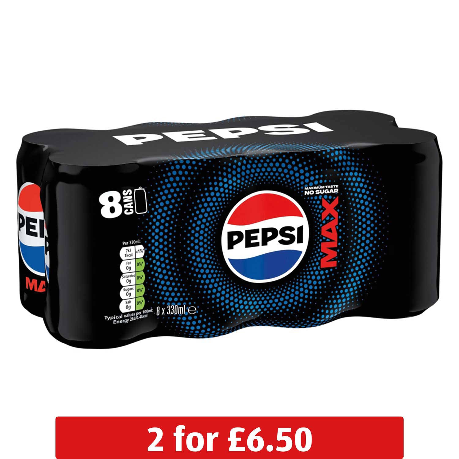 Pepsi Max cola 8 pack of cans, imported from the UK