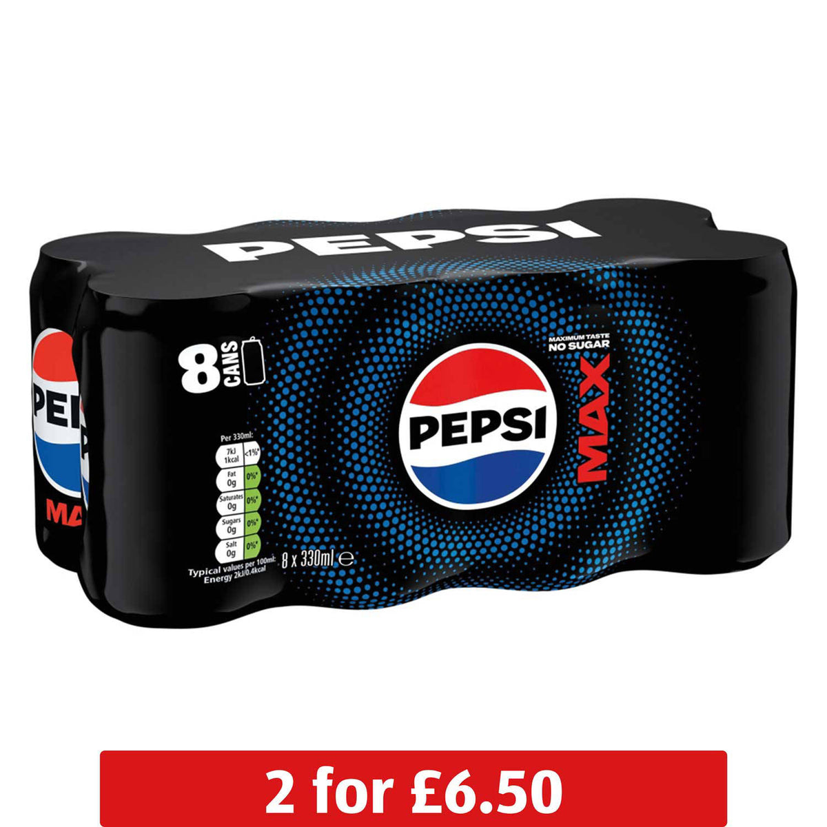 Pepsi Max cola 8 pack of cans, imported from the UK