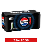 Pepsi Max cola 8 pack of cans, imported from the UK