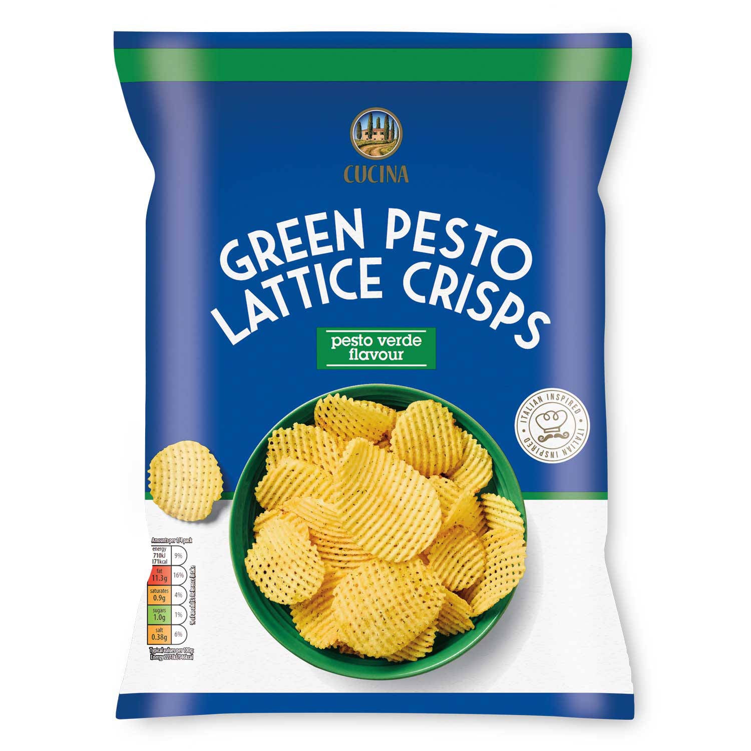 Crisps in Pesto Verde flavour, lattice cut, imported from the UK