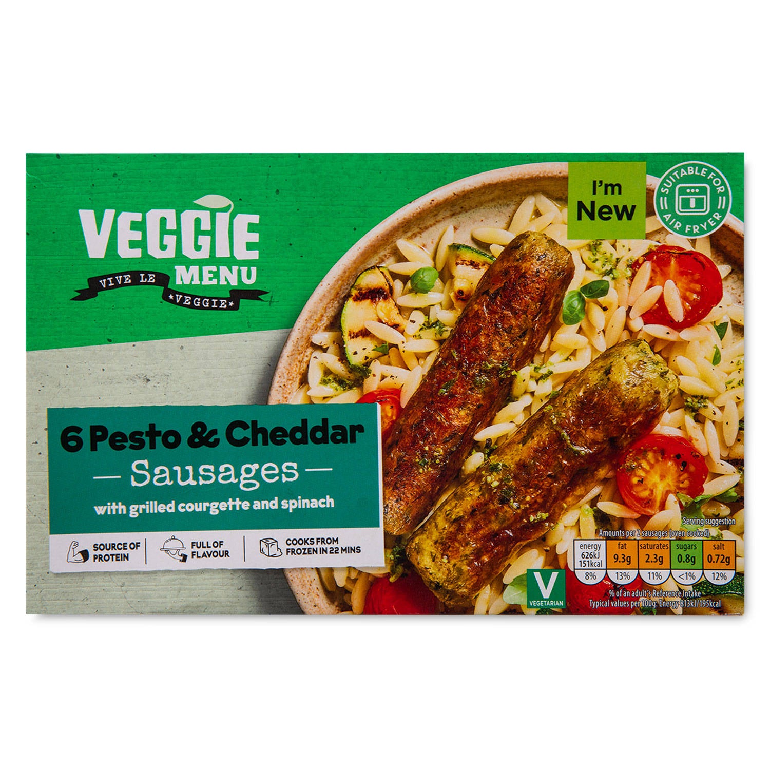 Vegetarian pesto and cheddar sausages 6 pack, imported from the UK