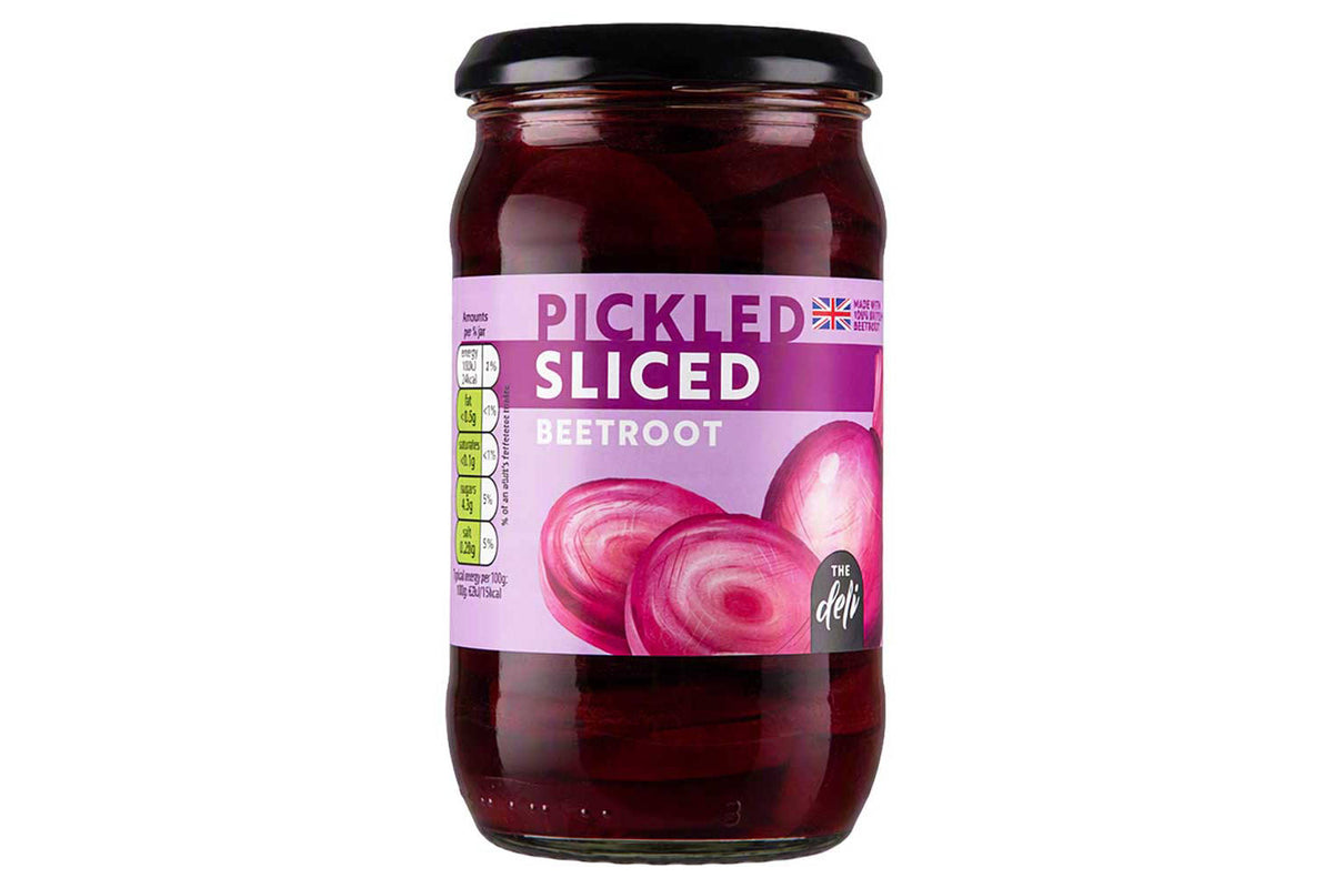 Pickled sliced beetroot in a jar, imported from the UK