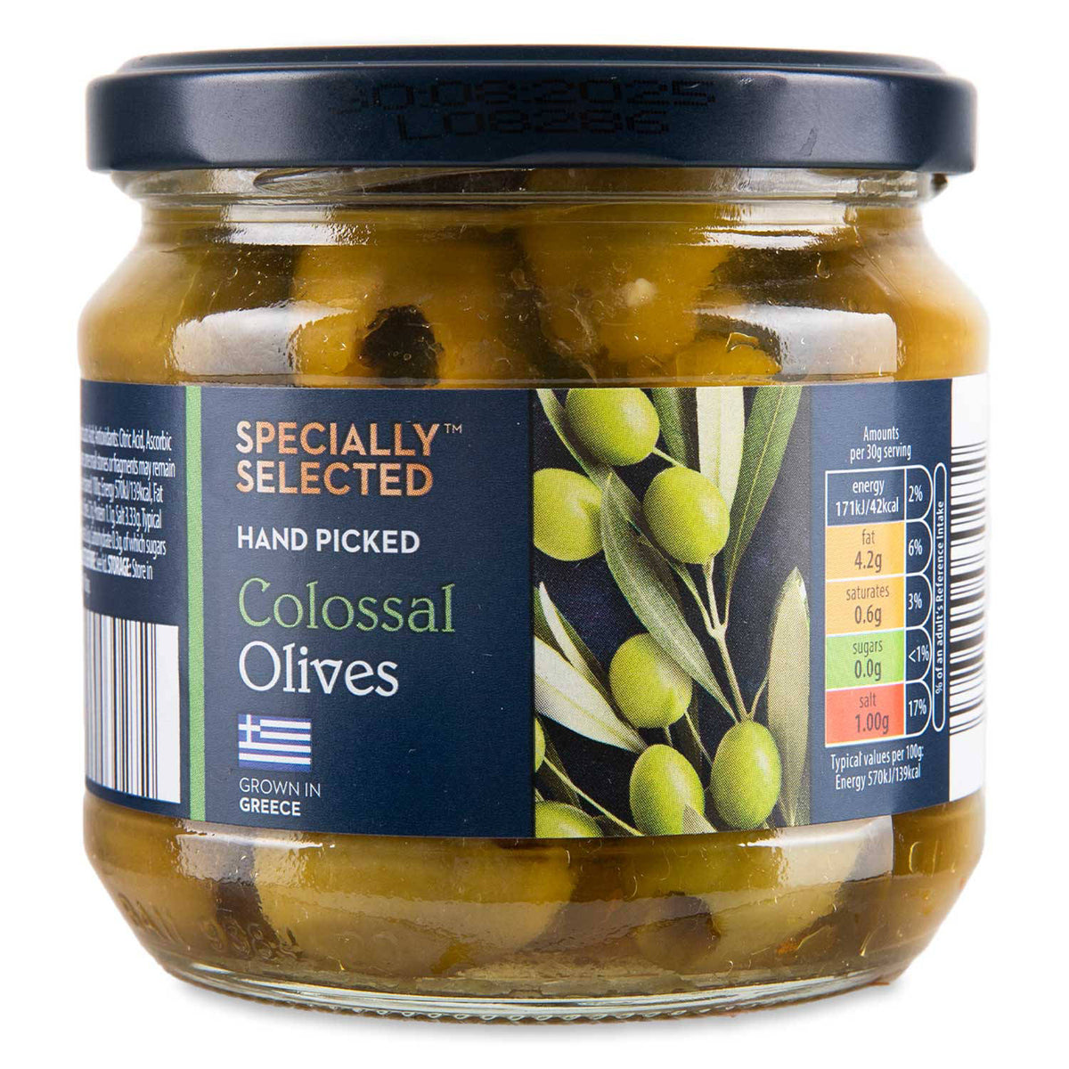 Pitted colossal Halkidiki olives in brine - British product