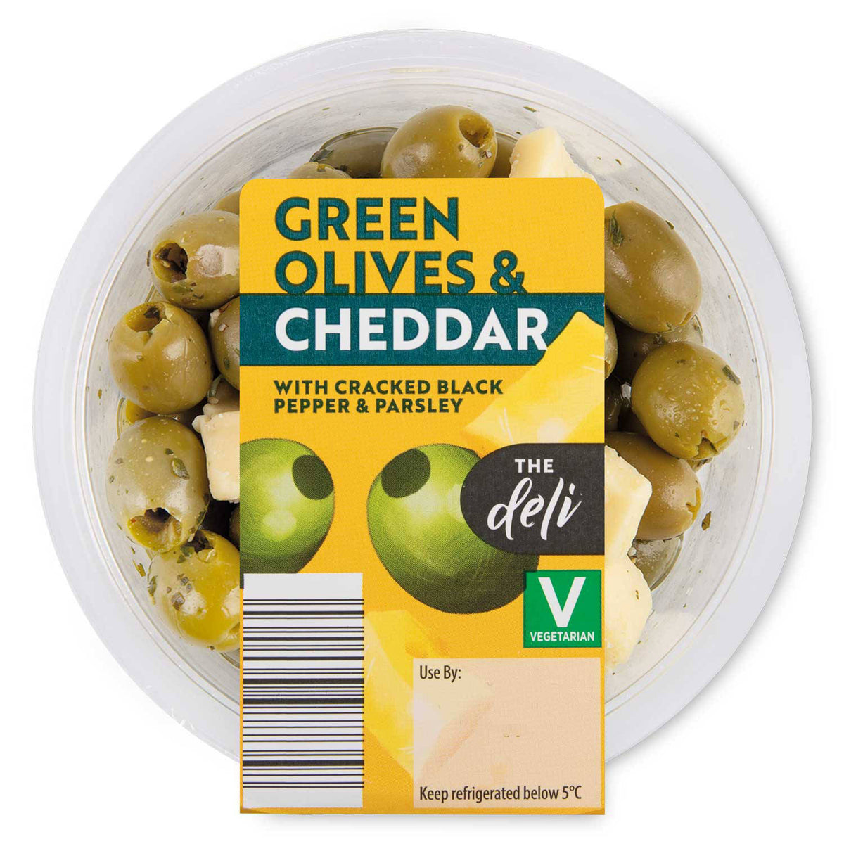 Pitted green olives with cheddar in rapeseed oil (British brand)