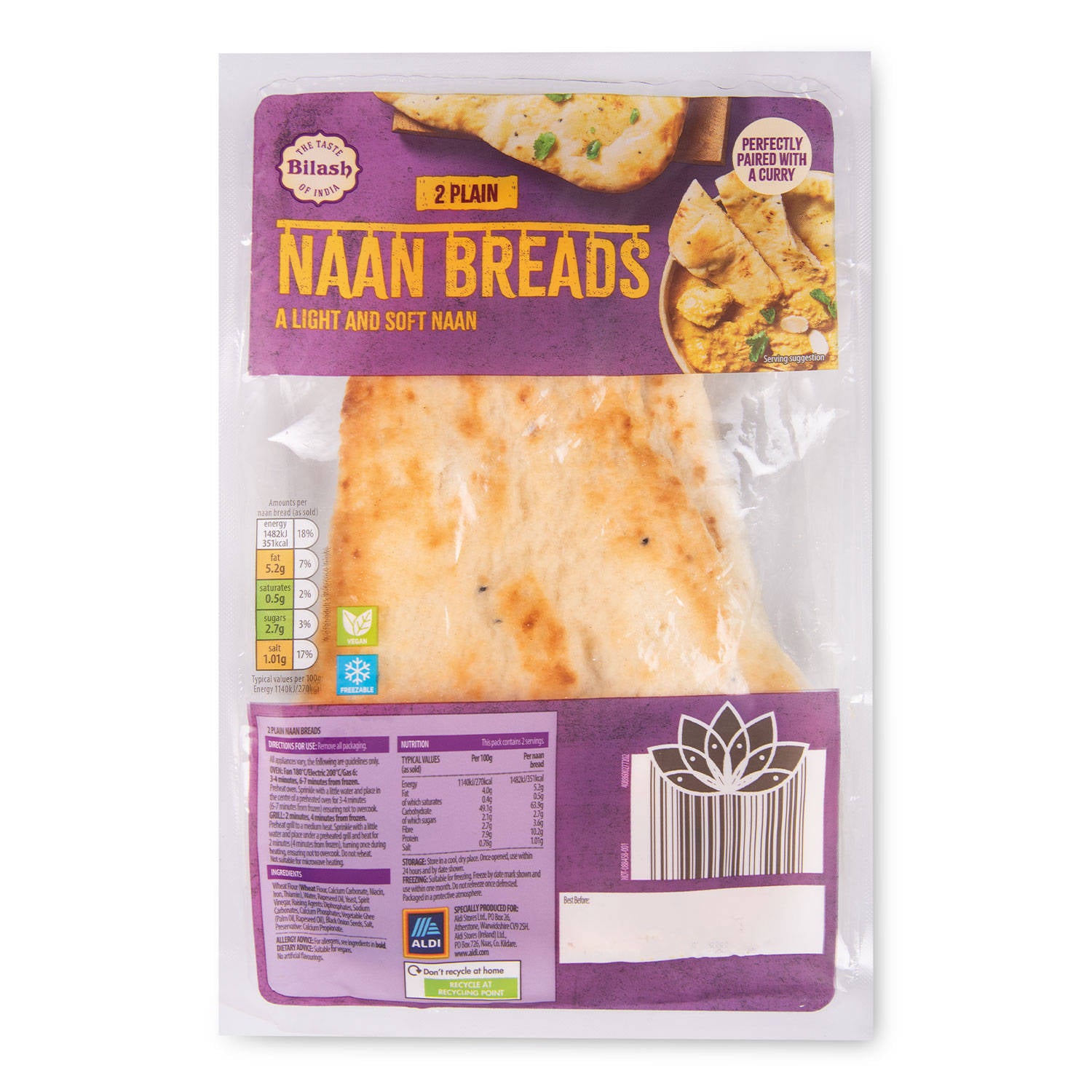 Plain naan breads, soft and light texture, UK version