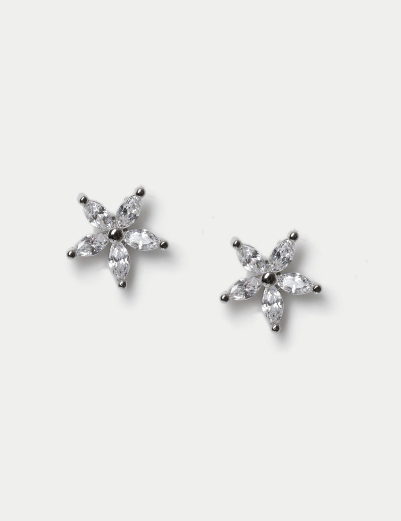 Platinum cubic zirconia flower earrings stud, imported from the UK