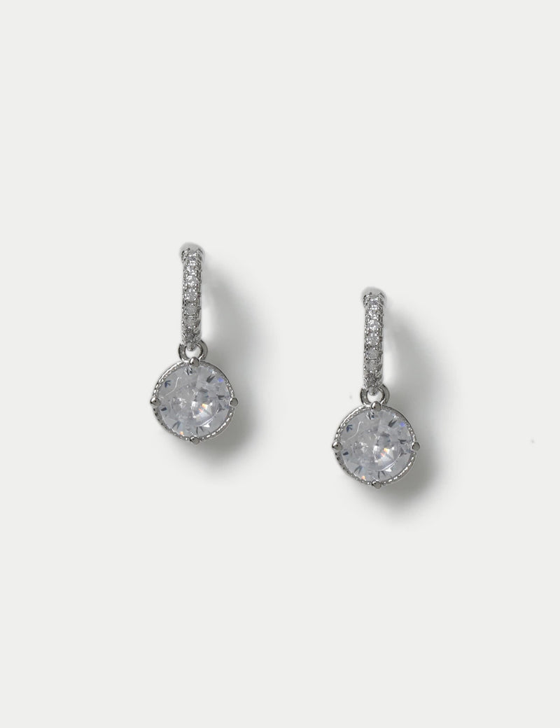 Platinum plated cubic zirconia circle drop earrings 13mm, imported from the UK