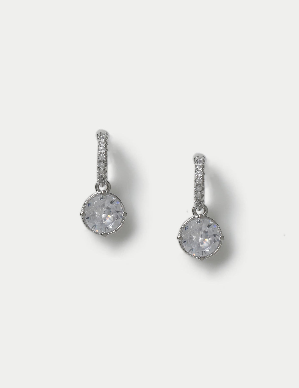 Platinum plated cubic zirconia circle drop earrings 13mm, imported from the UK