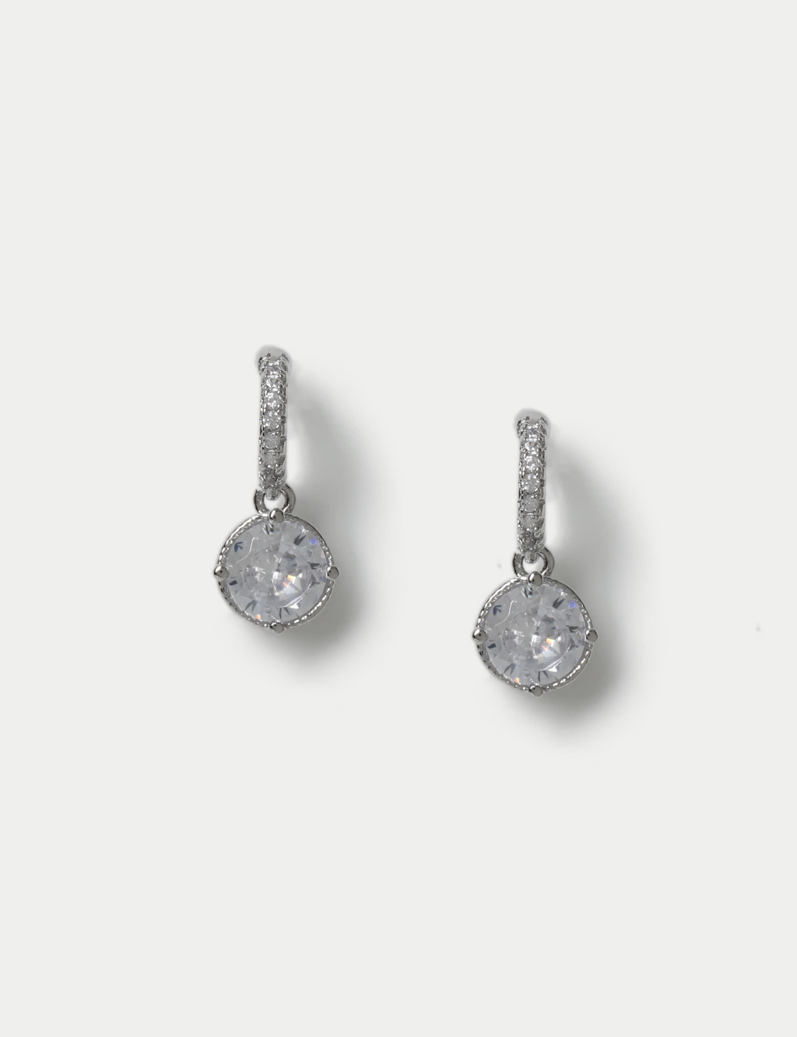 Platinum plated cubic zirconia circle drop earrings 13mm, imported from the UK