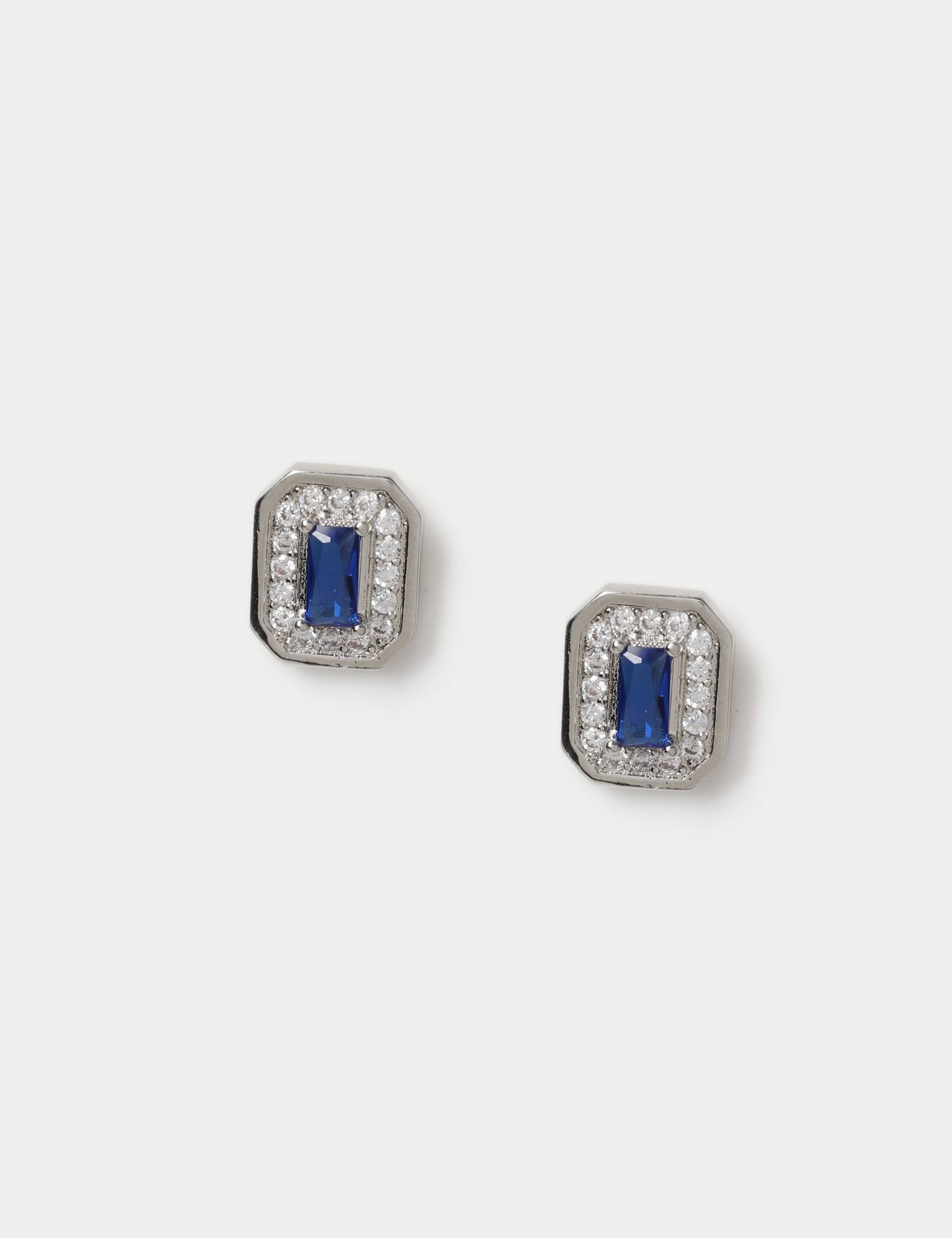 Platinum plated rectangle stud earrings with cubic zirconia, UK version