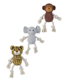 Plush knotted rope pet toy with squeaker and animal designs (British brand)