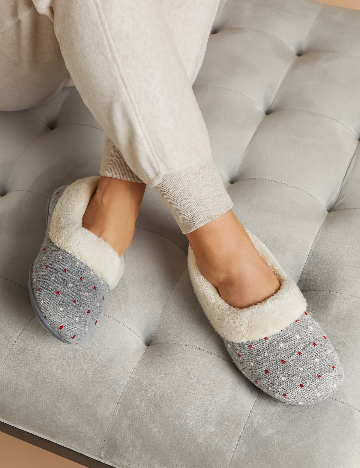 Jones Bootmaker polka dot faux fur lined slippers, imported from the UK
