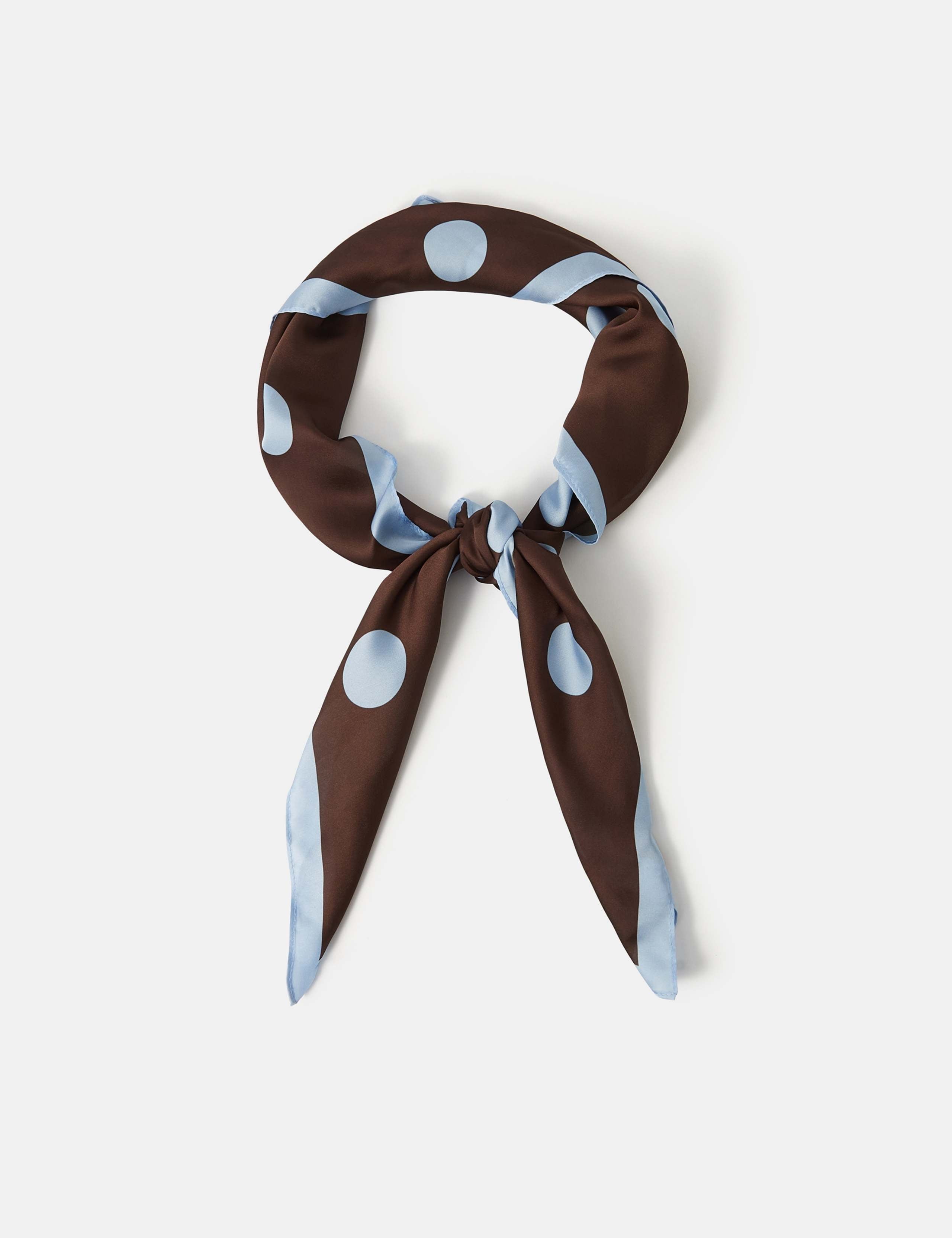 Accessorize polka dot scarf in powder blue with chocolate dots, satin - British product