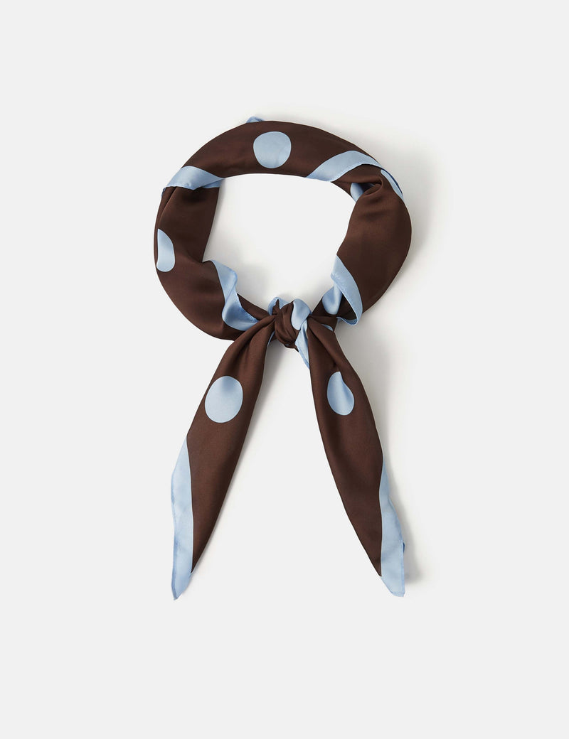 Accessorize polka dot scarf in powder blue with chocolate dots, satin - British product