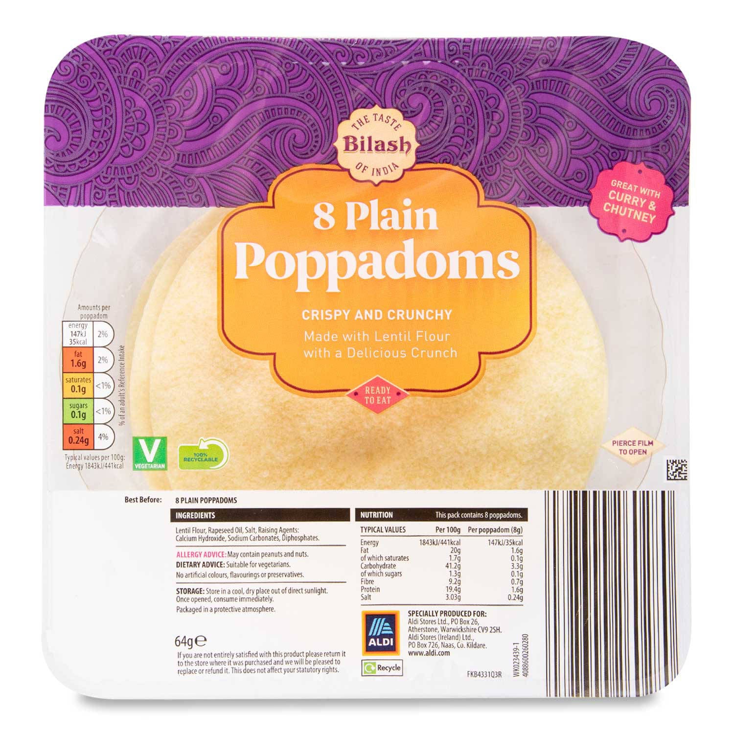 Bilash poppadoms, British snack (British brand)