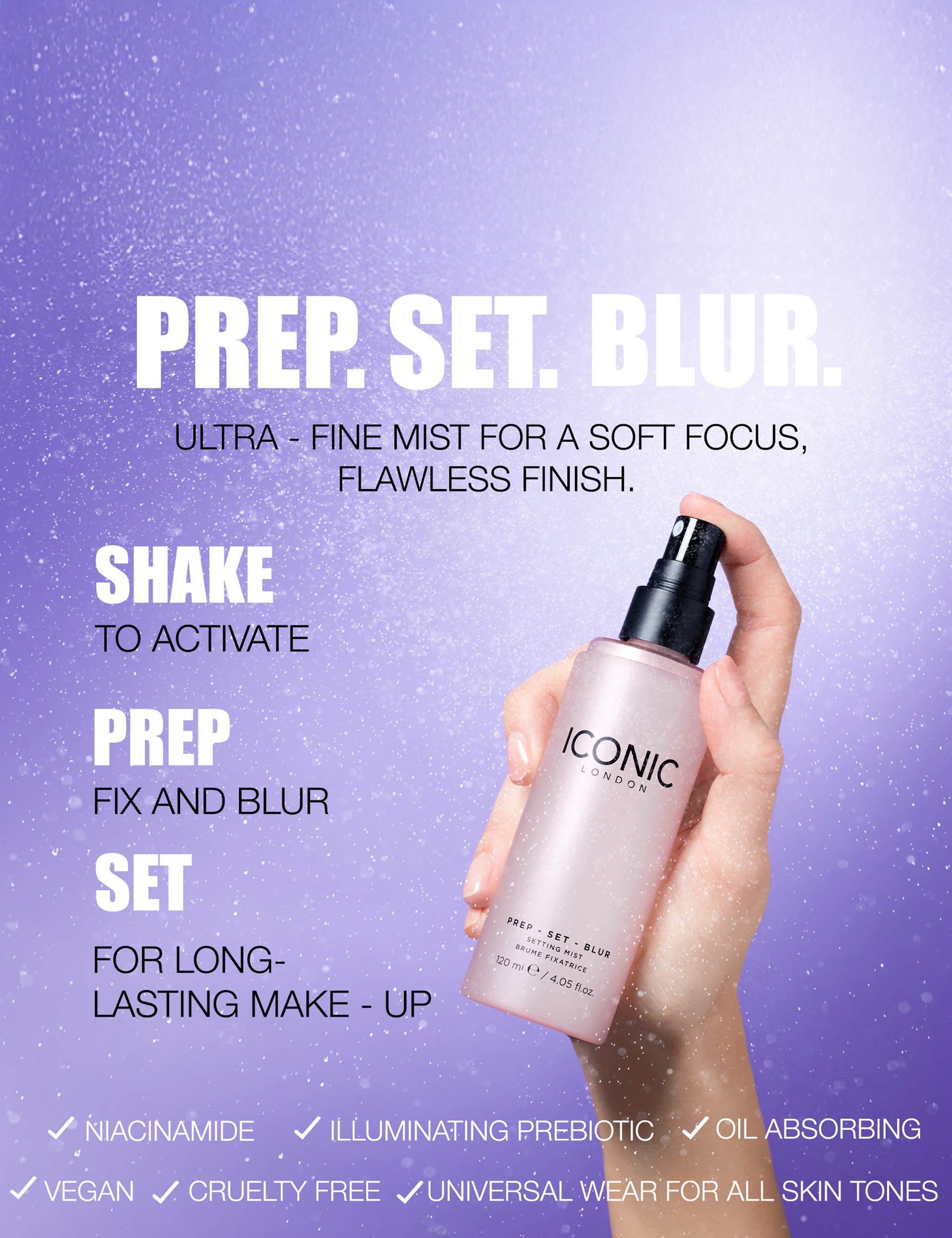 ICONIC London Prep Set Blur setting spray 120ml, imported from the UK