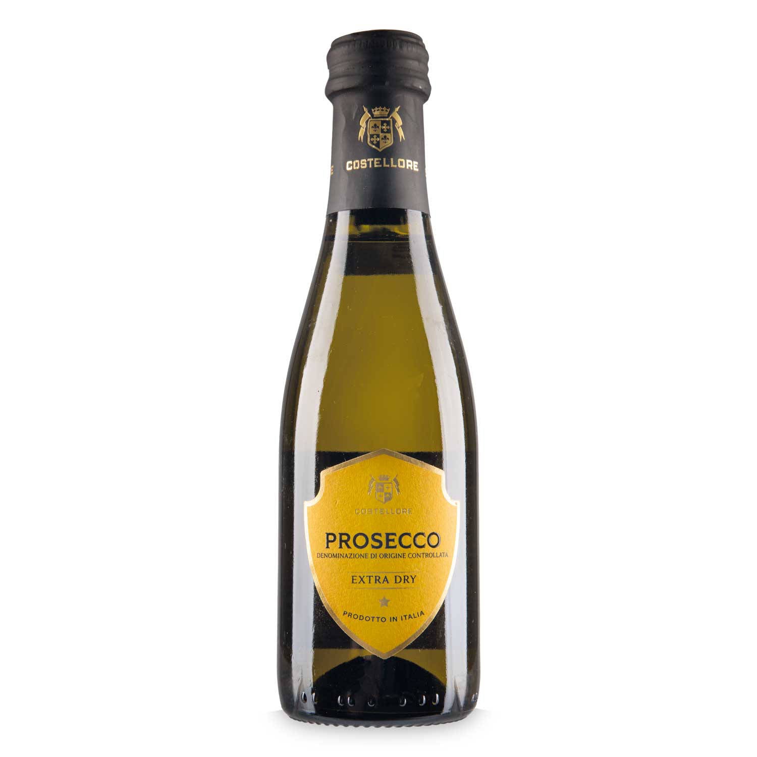 Prosecco DOC extra dry mini bottle, imported from the UK