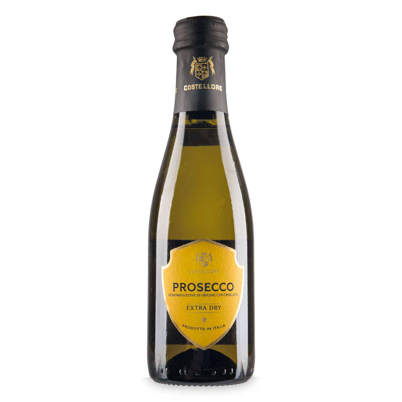 Prosecco DOC extra dry mini bottle, imported from the UK